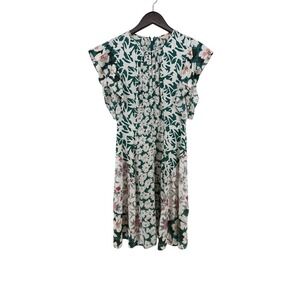 Rebecca Taylor Green Floral Bird Print Flutter Sleeve Silk Dress Botanical